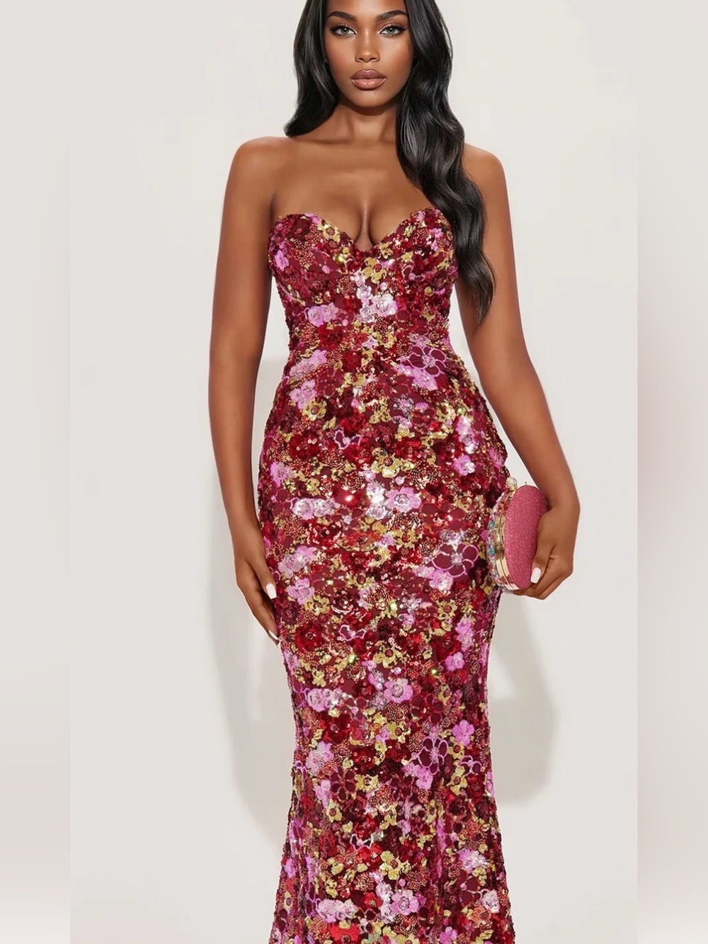 Fashion Nova/Totally It Sequin Gown - Pink Burgundy & Gold combo XL Strapless